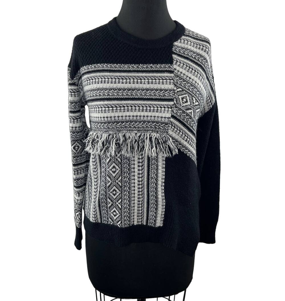 White + Warren Black / White Southwest Print Color-Block Fringe Crew Sweater XS
